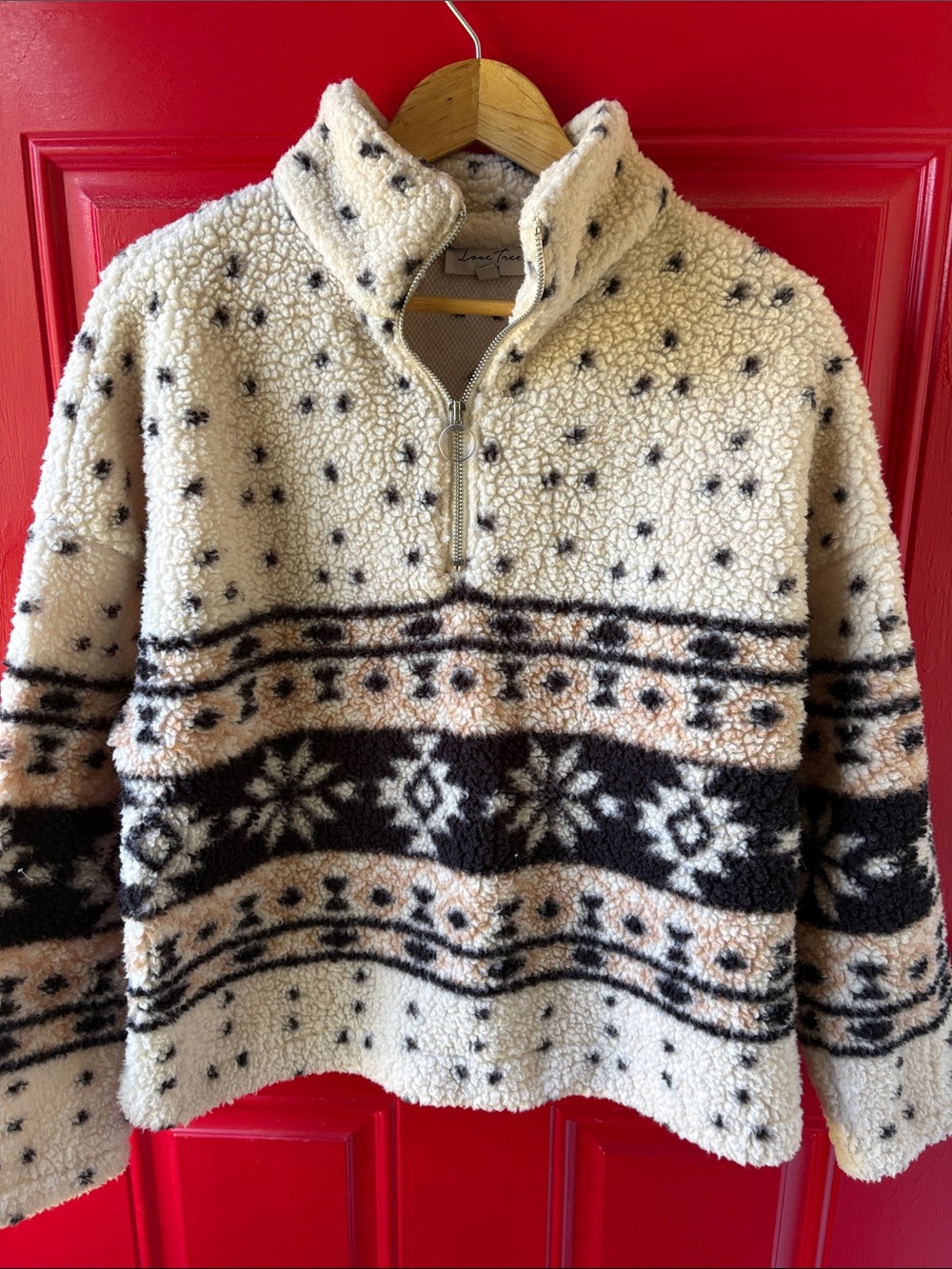 Love Tree Cream Sherpa Cowl with Black & Tan Fair Isle